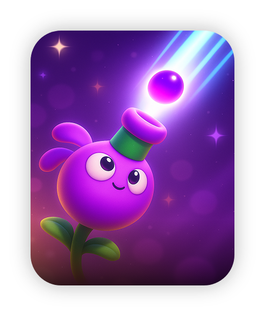 Purple animated flower shooting starry light, vibrant and playful design.