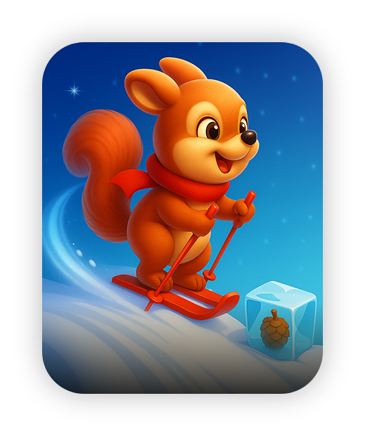 Playful cartoon squirrel skiing, vibrant colors, winter scene, fun activity.