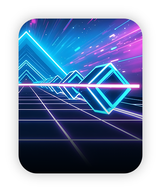 Futuristic neon design with glowing blue and pink geometric shapes.