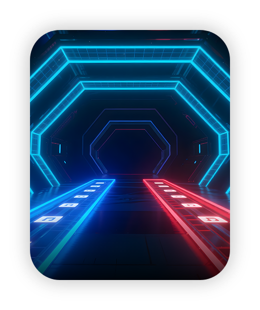 Futuristic gaming tunnel with vibrant blue and red neon lights.