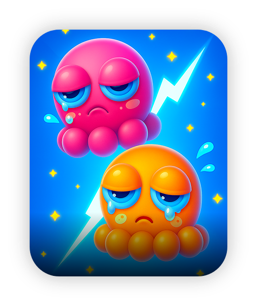 Colorful octopus characters with sad expressions on vibrant blue background.