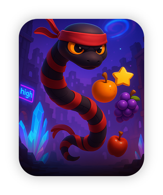 Colorful ninja snake game with fruits and star elements.