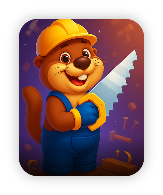 Cartoon beaver with construction hat and saw, promoting children's educational games.