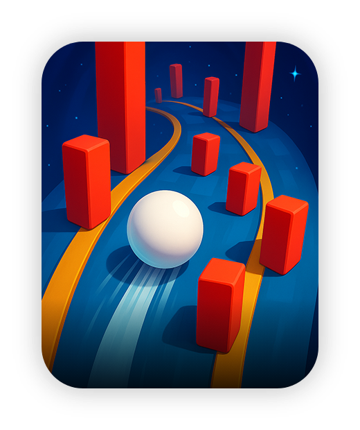 Colorful 3D maze game with white sphere and red blocks.