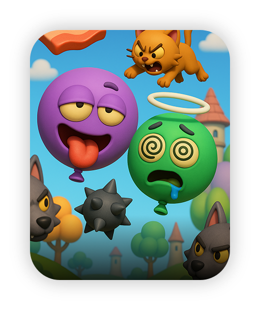 Fun, colorful animated characters in whimsical landscape, ideal for kids' games.