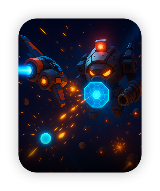 Futuristic robot battle scene with vibrant blue and orange lights.