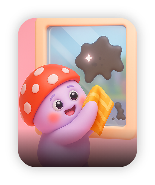 Cute character cleaning a window, vibrant colors, playful and engaging scene.