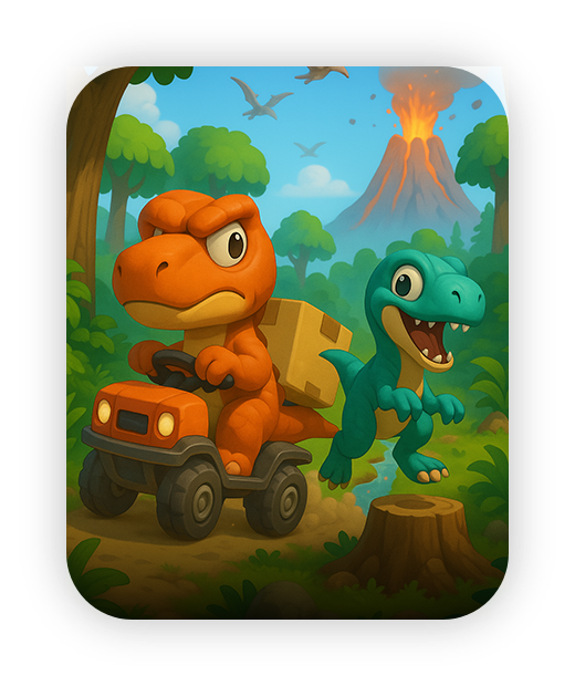 Dinosaurs in jungle adventure with volcano, vibrant colors, family fun game.