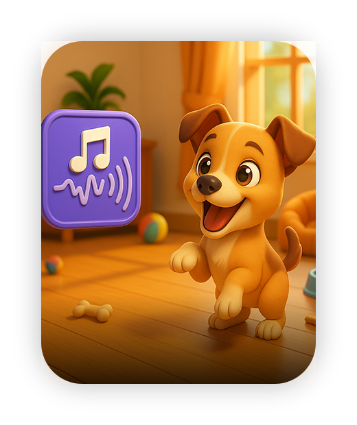 Animated puppy with music icon, ideal for Wonder Trek educational games.